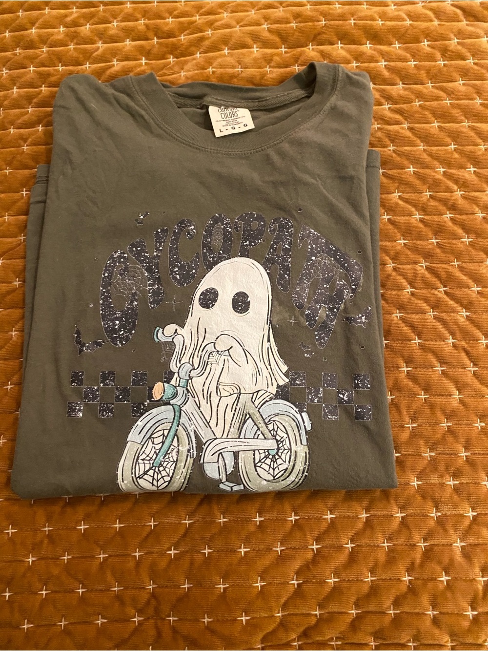 Comfort Colors Olive Green Ghost on Bike Short Sleeve Tee